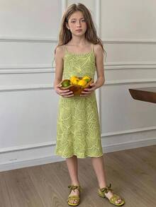 DAZY Tween Girl Summer New Elegant Printed Vacation Cami Dress - Green - View 2