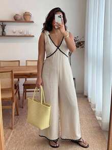Enliva Plus Size Women's Sleeveless Colorblock Midi Jumpsuit, Fashionable Summer Vacation Casual Style, Suitable For Apple And Curvy Body Types - Multicolor - View 4
