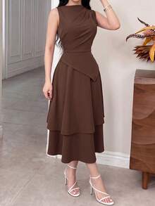 Feyla Damen einfarbiges plissiertes Stehkragen elegantes ärmelloses Midi-Kleid - Kaffeebraun - Übersicht 4