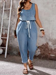 EMERY ROSE CURVE Women's Plus Size Light Blue Sleeveless Denim Jumpsuit,Summer Casual Hiking Outfit,Button Front Drawstring Waist Rolled Cuff Ankle Length Overalls - Blue - View 7