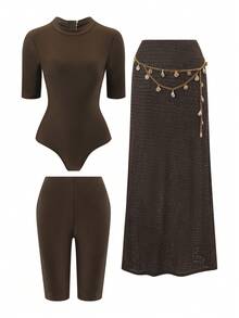 SHEIN Swim 3 PiecesWomen's Casual Vacation Swimsuit Set With 3/4 Sleeve One-Piece - Brown - View 1