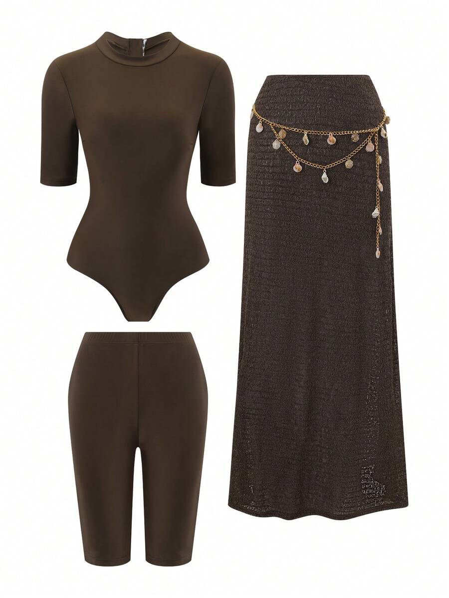 SHEIN Swim 3 PiecesWomen's Casual Vacation Swimsuit Set With 3/4 Sleeve One-Piece - Brown - View 1