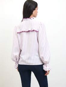 Nöista Striped Ruffle High-Neck Blouse With Puff Sleeves And Contrast Piping; Perfect For Office, Meetings, Brunch, Dates, Romantic, Preppy, Winter, Autumn - Mauve Purple - View 3