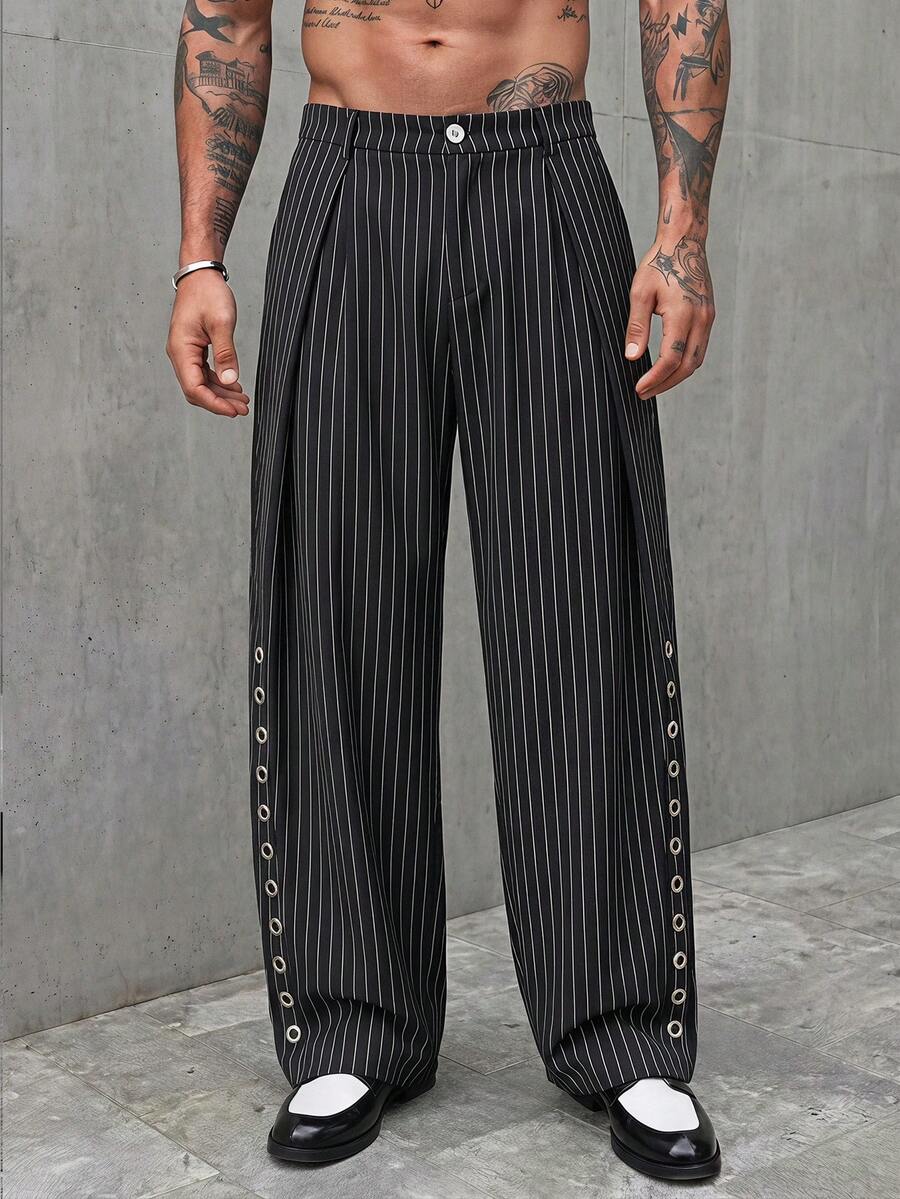 GETOML Men's Corn Callus Design Striped Wide Leg Loose Pants - Black - View 1