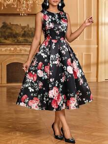 SHEIN Lady Elegantes romantisches Damenkleid mit Blumenmuster, tailliert, Rundhalsausschnitt, für Hochzeit, Cocktail, Teegartenparty, Gartenparty, Barparty, Rot und Schwarz, Sommer - Schwarz - Übersicht 3