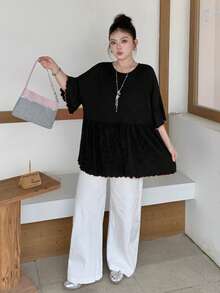 Dazy Plus Plus Size Colorblock Contrast Stitching Flared Sleeve Casual College Style Versatile Black Short Sleeve T-Shirt For Girls Summer - Black - View 4