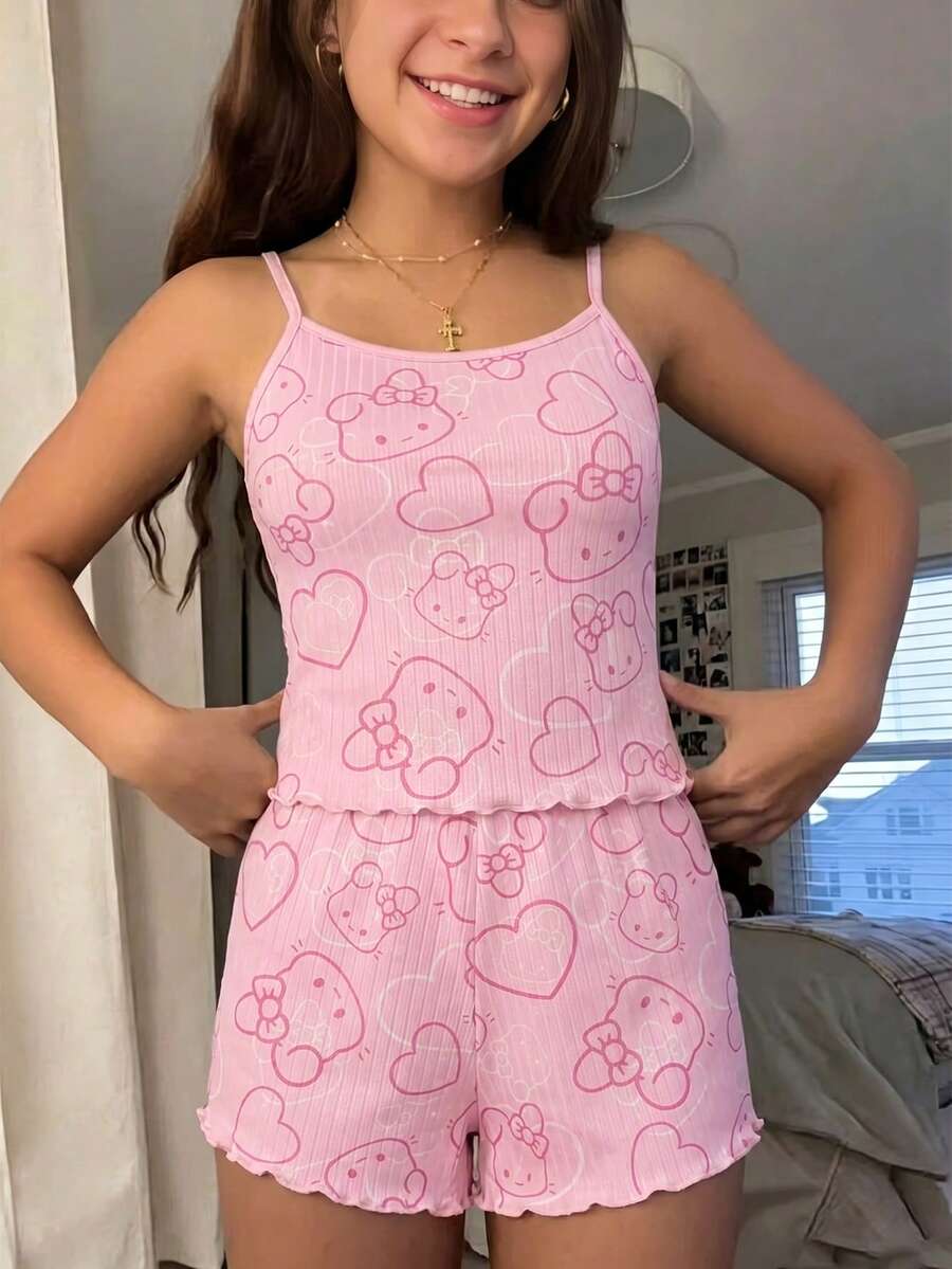 女童粉色甜美可愛兔子印花細肩帶上衣與短褲舒適兩件式居家服套裝 - 彩色 - 查看 1