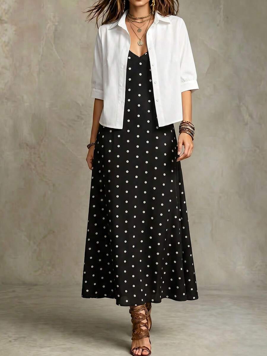 Velvienne Plus Size Woven Casual Polka Dot Summer Women's Two Pieces Set - Multicolor - View 1