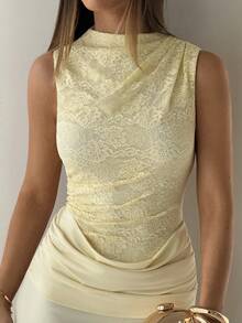 Aloruh Women's Colorblock Lace Stand Collar Pleated Fitted Elegant Tropical Sleeveless Dress Early Summer Long Back To School Teacher Outfit Vacation - Apricot - View 6