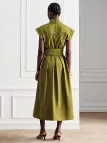 Aveloria Modichic Women's Dress Slim A-Line Midi Deep V Neck Tie Waist Cap Sleeve Pleated Elegant Minimalist Vintage Olive Green For Party Brunch Office Garden Summer - Olive Green - View 3