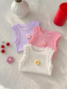 SHEIN 女童 3 件組 純色針織 3D 花朵荷葉邊休閒背心上衣 - 淡紫色 - 查看 6