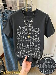 Resyla LOONEY TUNES X SHEIN 女款圓領字母卡通印花休閒百搭日常出遊短袖T恤 - 深灰色 - 查看 1
