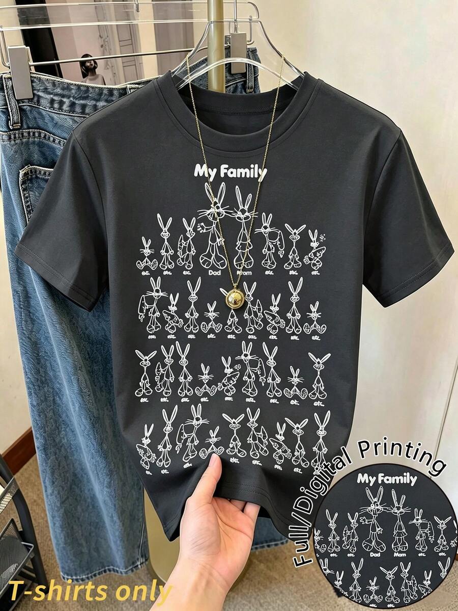 Resyla LOONEY TUNES X SHEIN 女款圓領字母卡通印花休閒百搭日常出遊短袖T恤 - 深灰色 - 查看 1