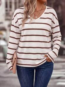 EMERY ROSE Casual Fashion Coffee-Colored Striped Print Plus Size V-Neck Long Sleeve T-Shirt Fall - Multicolor - View 3