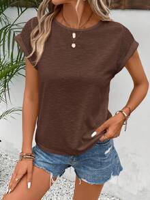 SHEIN Frenchy Women's Solid Color Round Neck Casual Versatile Daily Wear T-Shirt Everyday Coffee Brown Summer - Coffee Brown - View 3