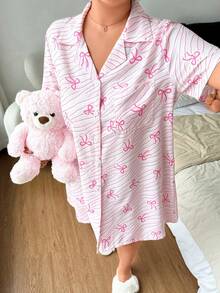 MuseNap CURVE Plus Size Women's Wave & Bow Print Shirt Nightgown - Pink - View 7