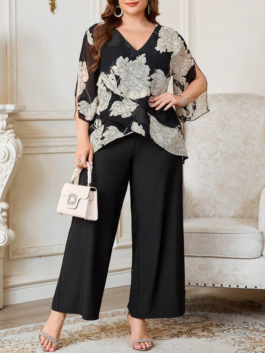 SHEIN Clasi 大尺碼夏季優雅花卉印花襯衫與長褲兩件套 - 彩色 - 查看 1