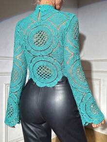 Glamine Water-Soluble Teal Sheer Blouse With Positioned Trim Party Night Night Out Summer Elegant - Blue - View 2
