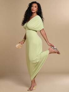 SHEIN BAE CURVE Plus Size Women's Deep V-Neck Lime Green Pleated Batwing Sleeve Dress, Elegant Formal Wedding Wedding Guest Party Guest Solid Color Summer Wedding - Green - View 4
