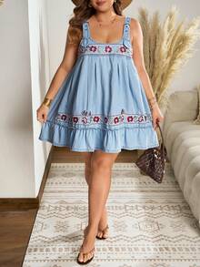 Breezaya Plus Size Women's Floral Embroidered Pattern Denim Spring/Summer Dress - Light Wash - View 5