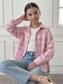 DAZY Plaid Long Sleeve Casual Loose Daily Spring/Autumn Tween Girls Shirt - Pink - View 1