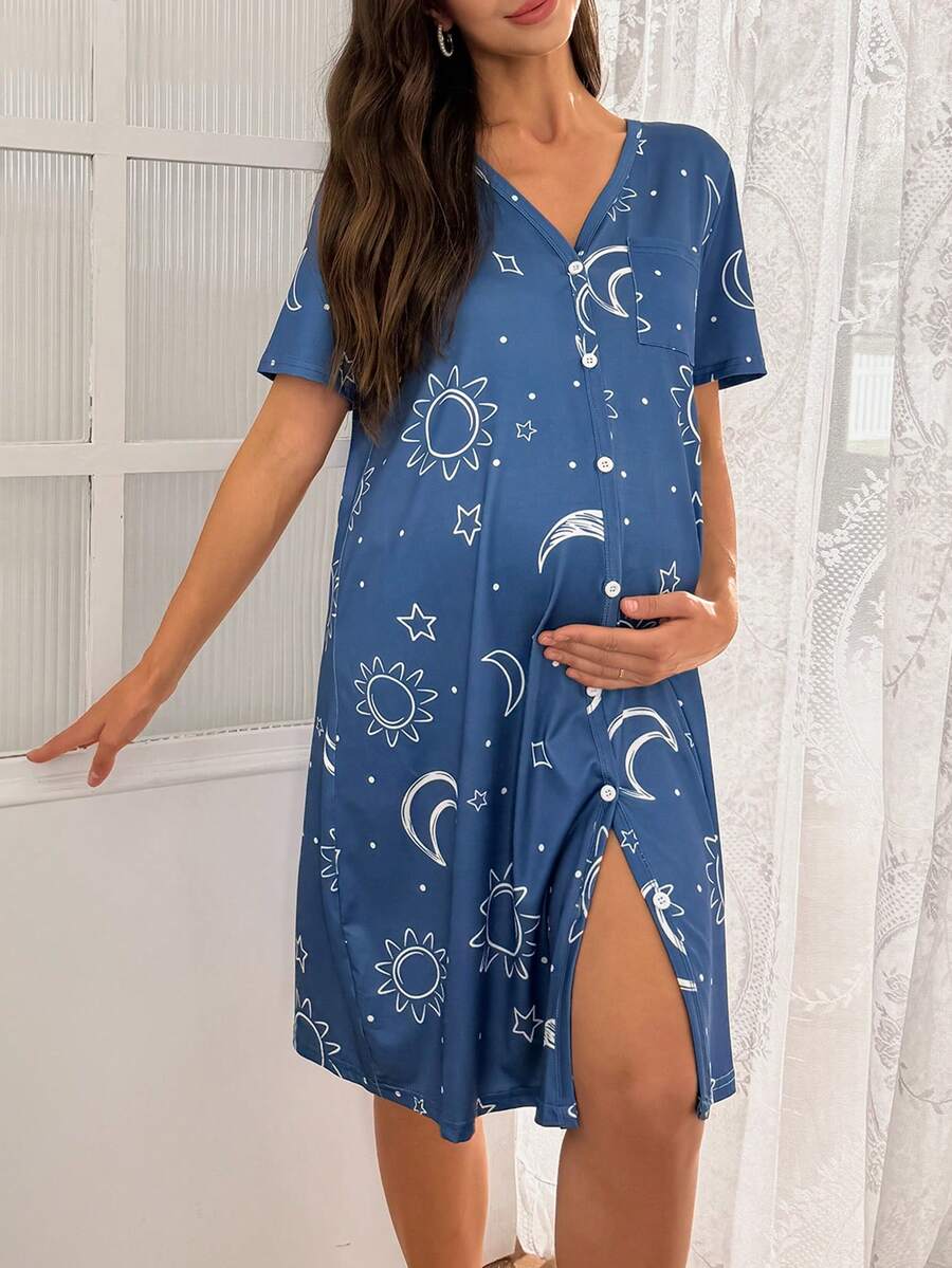 SHEIN Moonlight & Mama Spring/Summer Basic Minimalist Navy Blue Moon & Sun Print Front Opening Maternity Nightgown - Blue - View 1