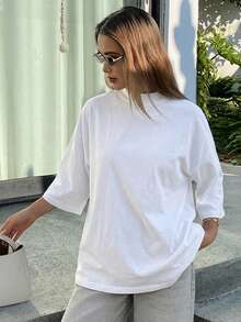 Livesso 女款寬鬆商務休閒純色極簡短袖T恤，適合辦公穿著，春/夏季 - 白色 - 查看 5