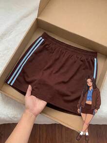 Comfortcana Damen Große Größen Lässig Vintage Amerikanischer Sportlicher Stil Seitenstreifen Braun Strickrock, Elastischer Bund Rock - Braun - Übersicht 9