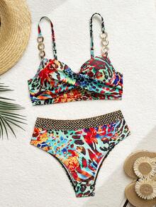 SHEIN Swim 女款夏季海灘花卉印花鏈條連接聚攏比基尼套裝泳衣 - 彩色 - 查看 2