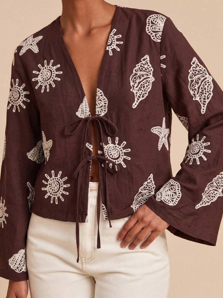 Travachic 女款刺繡梭織休閒寬鬆前綁帶襯衫 - 棕色 - 查看 1