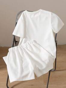 Boys' Summer Waffle Stripe Short Sleeve T-Shirt & Shorts 2-Piece Set, Designed For Active Boys, Made Of Premium Waffle Fabric, Gentle On Delicate Skin, Unique Waffle Texture Adds Fashionable Touch, Simple Round Neck Design For Easy Wear, Colorful Stripe Pattern On Chest Full Of Vitality - White - View 2
