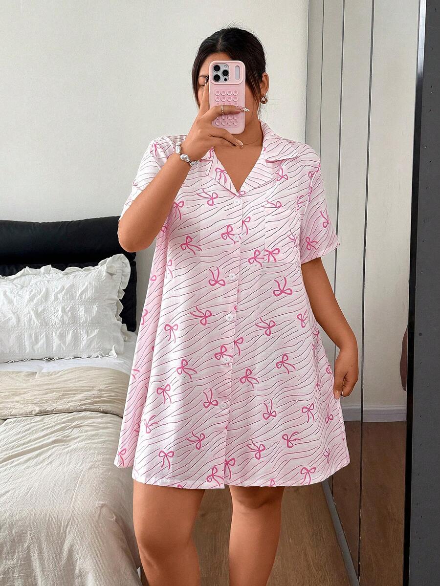 MuseNap CURVE Plus Size Women's Wave & Bow Print Shirt Nightgown - Pink - View 1
