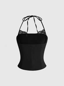 ROMWE Summer Hot Girl Lace Patchwork Big Button Design Halter Top & Ultra Low Waist Skirt Women 2pcs Set - Black - View 8