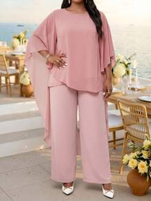 Fleurora Plus Size Solid Color Round Neck Poncho Top And Casual Elegant Long Pants 2 Pieces Set Wedding Dusty Pink Summer - Pink - View 4