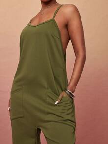 Vixey Lightweight Sweatshirt Barrel Leg Jumpsuit With Patch Pockets Elevated Casual Chic Everyday Style Off Duty Travel Olive Green Summer - Olive Green - View 5