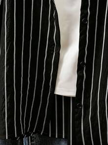 SHEIN Teen Girls' Pinstripe Shirt With Polo Print, Lightweight & Breathable For Daily Wear. - Pink - View 5