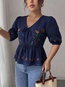 Rafferiza 优雅浪漫V领系带设计花卉印花女式夏季衬衫 - 藏蓝色 - 查看 3