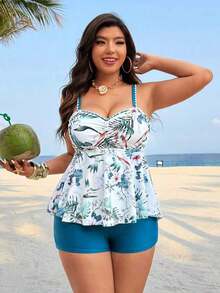 Swim Lushoire Conjunto de tankini de traje de baño con estampado tropical de talla grande - Multicolor - Ver 5