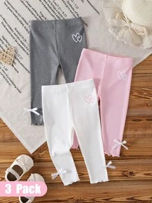 SHEIN Vintaside Kids 3件組女童內搭褲 粉色+白色+灰色愛心印花 夏季/秋季休閒度假長褲 簡約甜美風 直筒寬鬆版型 - 淺粉色 - 查看 4