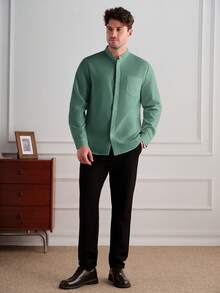 Core Aspect Men's Casual Versatile Solid Color Long Sleeve Shirt - Dark Green - View 6