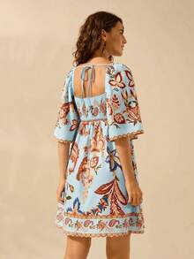 CAJUNI Women's Boho Tropical Floral Print, Vintage Holiday Casual Short Dress - Baby Blue - View 2