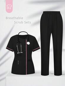 TaskEZ Nursing Uniform Set: Round Neck Short Sleeve Top And Pants Nursing Uniform Set, Suitable For Healthcare Professionals - Black - View 1
