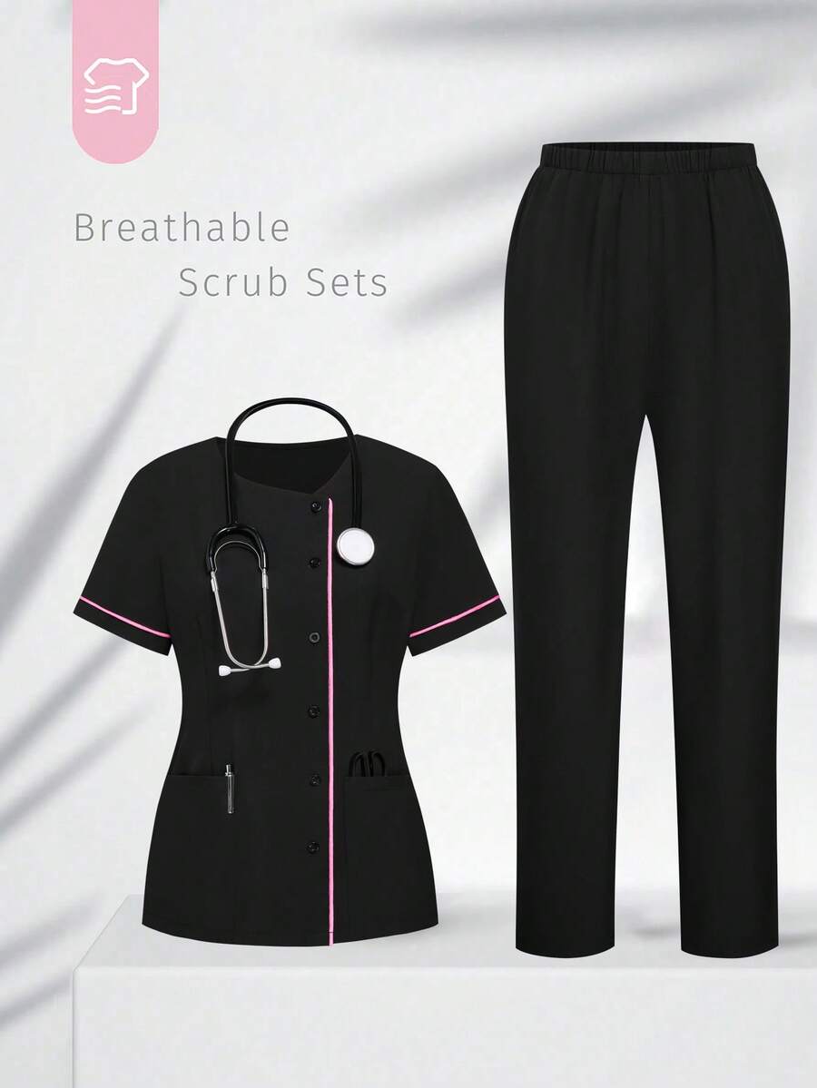 TaskEZ Nursing Uniform Set: Round Neck Short Sleeve Top And Pants Nursing Uniform Set, Suitable For Healthcare Professionals - Black - View 1