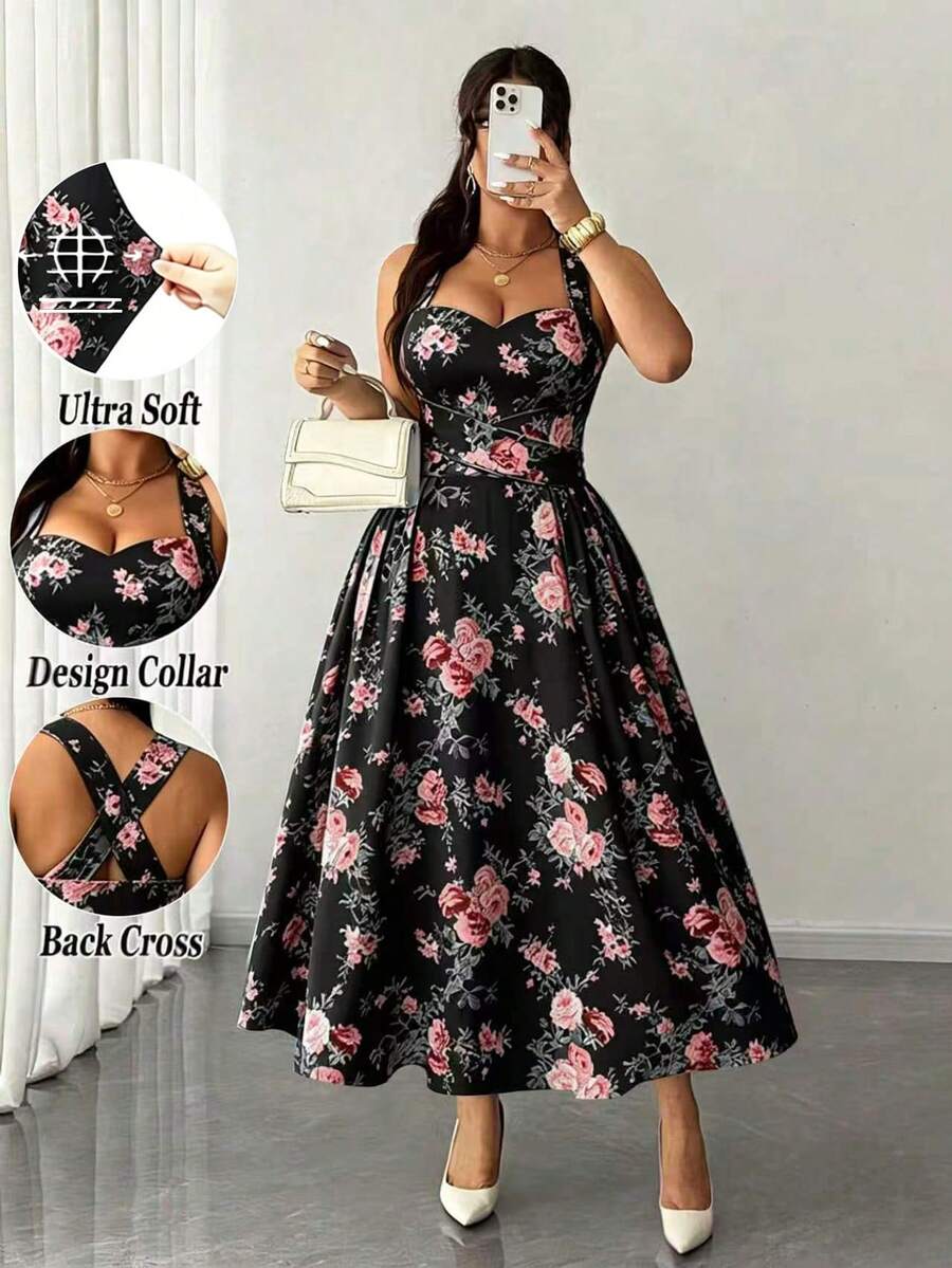 Elenzga 女士加大码优雅印花高弹力面料吊带裹身裙 - 彩色 - 查看 1