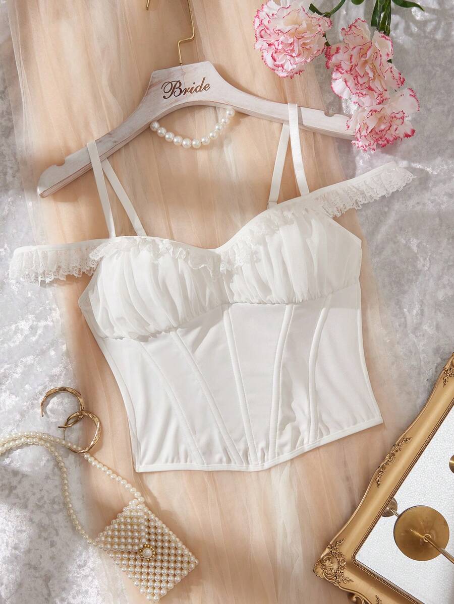 SHEIN Women's Solid Color Pleated Fashion Versatile Daily Camisole Bustier Top - White - View 1