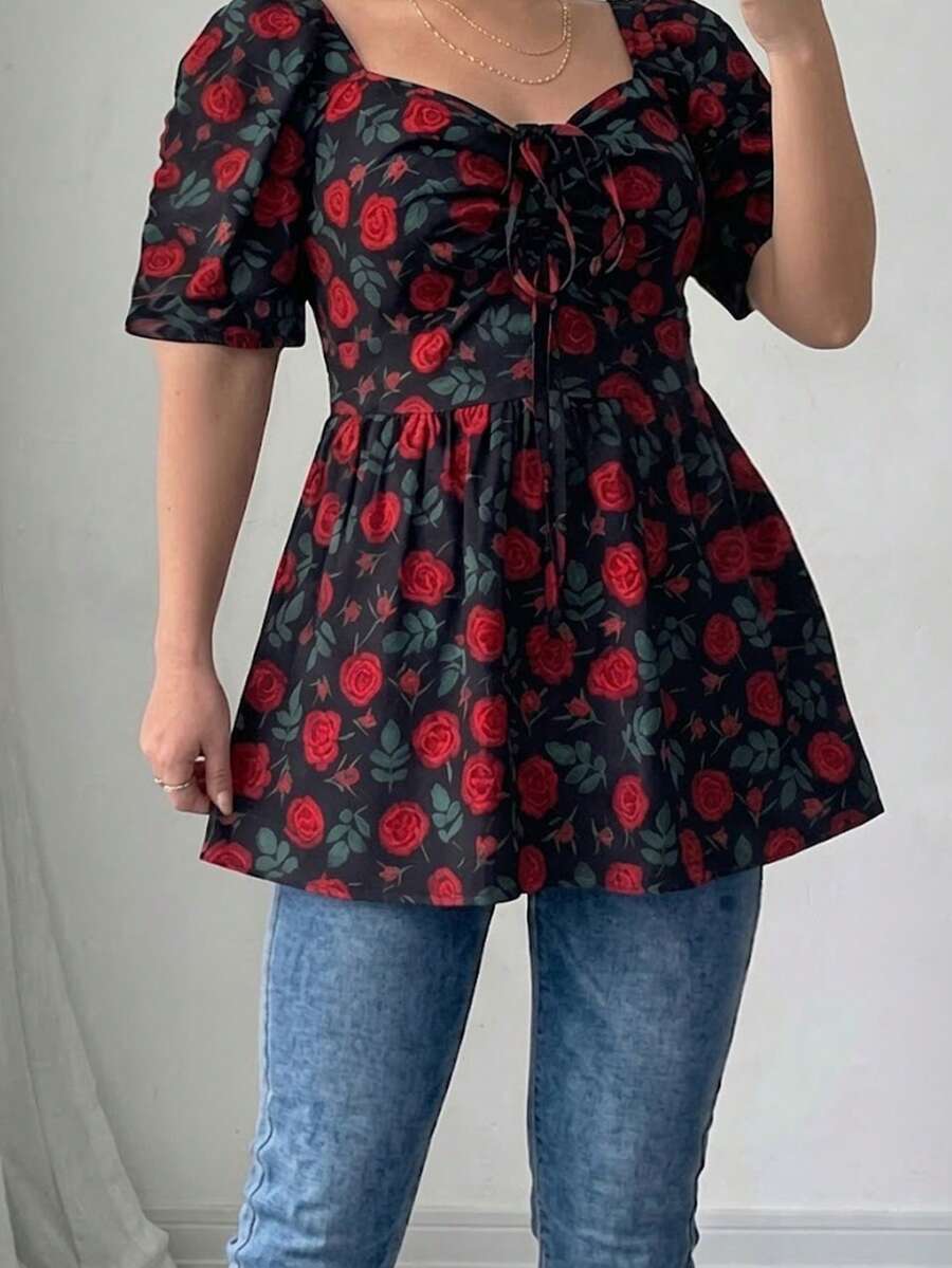 Modelyn Women's Square Neck Pleated Short Sleeve Waist-Cinching Elegant Sexy Fairycore Romantic Daily Morning Tea Party Plus Size Blouse Black Summer - Multicolor - View 1