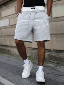 Manfinity Roghcode PAVTROS Men's Plus Size Casual Letter Print Double Waistband Shorts, Colorblock Design, Streetwear Style, Loose Fit, Multi-Functional - Light Grey - View 5
