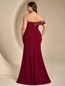 Coutiva Vestido de Noche Formal de Sirena con Decoración de Cuentas y Strass Talla Grande - Burdeos - Ver 2