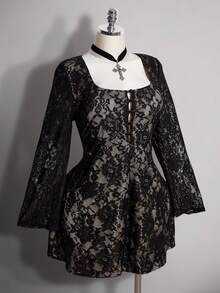 SHEIN ICON 女款大尺碼方領蕾絲喇叭袖洋裝 - 黑色 - 查看 6