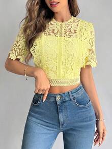 Firerie Women's Lace Casual Sheer Short Sleeve Blouse For Daily Wear,Summer Top - Yellow - View 4